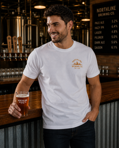 A man in a bar setting wearing a white crewneck t-shirt with a small brown brewery logo on the left chest. He is holding a glass of amber beer with the Northline Brewing Co.