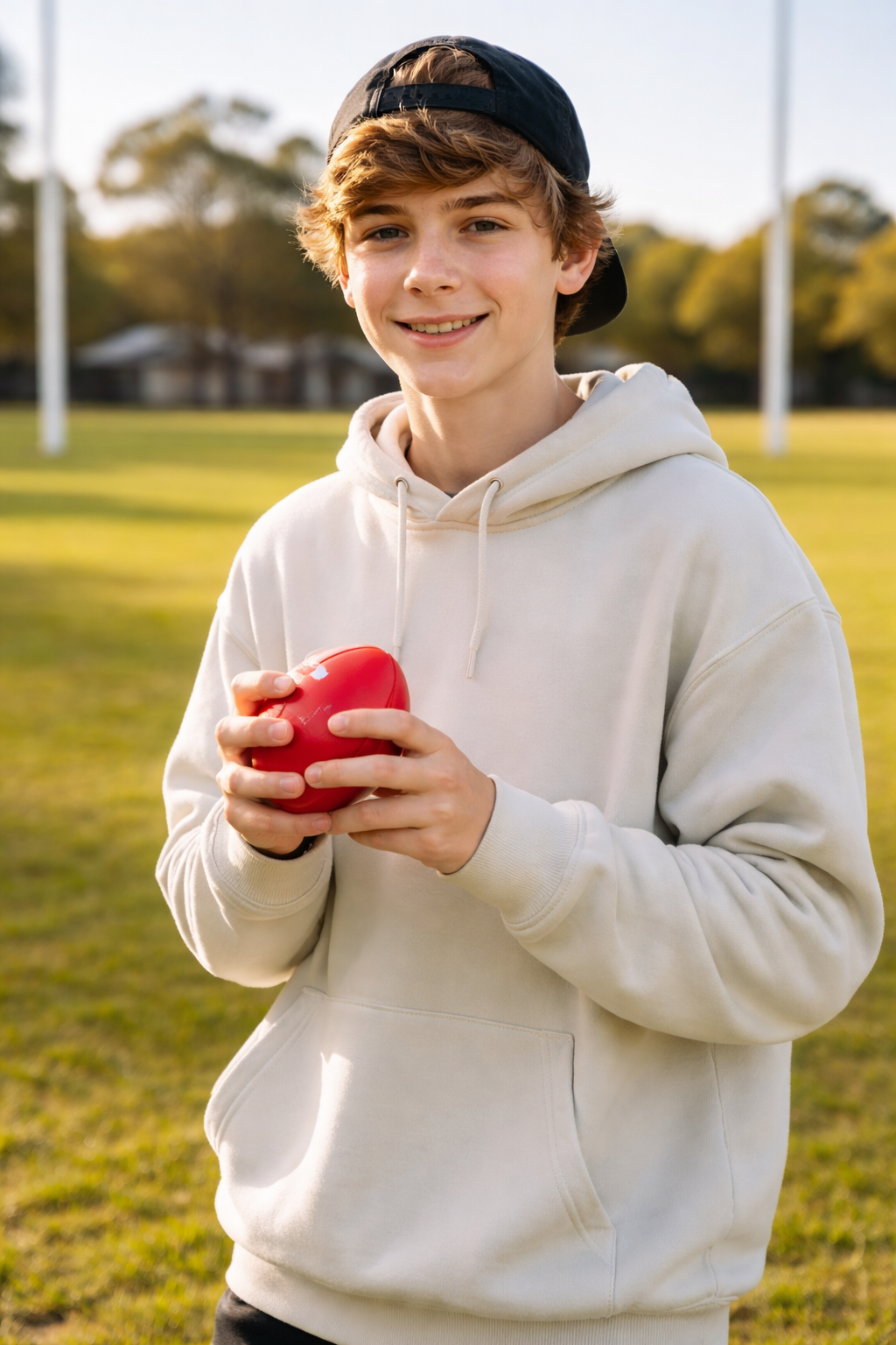 Red heart shaped aussie rules stress ball held in hands perfect for workwear and uniforms stress relief