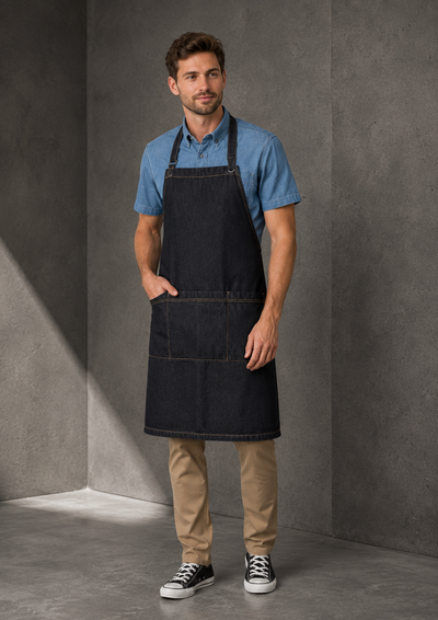 A man modeling a dark navy blue denim bib apron over a blue shirt, khaki pants, and black sneakers, standing against a textured gray concrete wall.