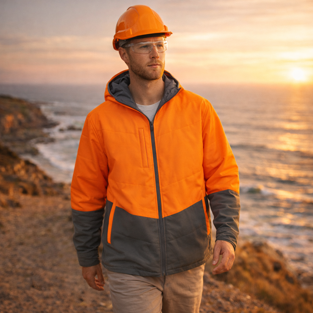 Orange and gray hi vis hooded puffer jacket with reflective stripes perfect for workwear and work uniforms