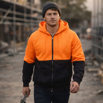 Bright orange and black hi vis fleecy safety hoodie with zip up and drawstrings perfect for workwear uniforms
