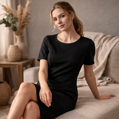 Black short-sleeved fitted cool stretch shift dress with round neckline perfect for workwear and uniforms