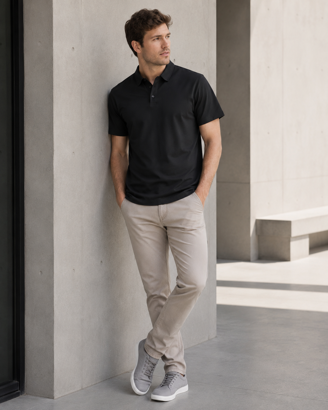 A man wearing a black short-sleeve polo shirt, beige trousers, and gray sneakers leans against a concrete pillar in a modern architectural setting.