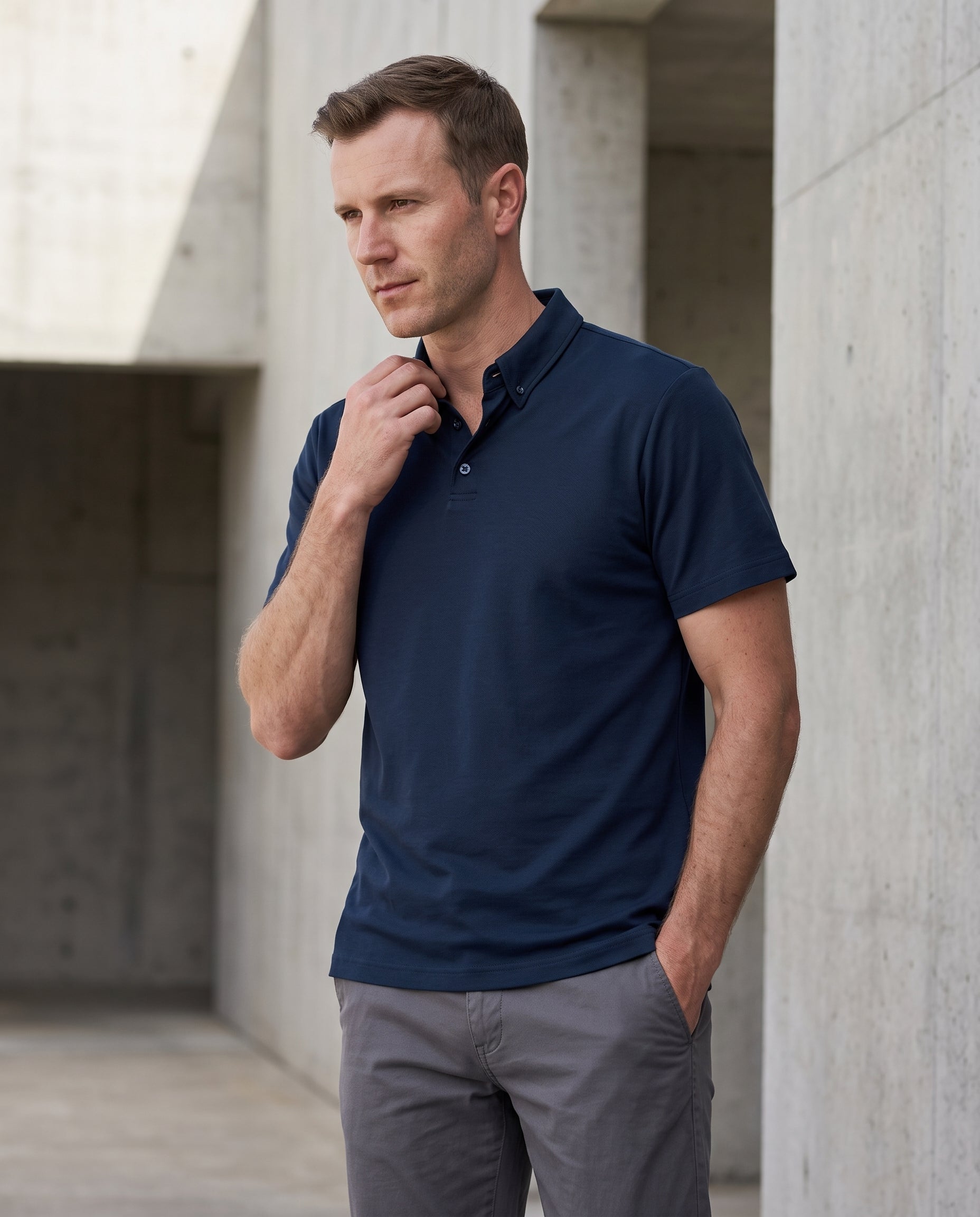 A man wearing a navy blue short-sleeve polo shirt and gray trousers, standing in a modern concrete architectural setting.