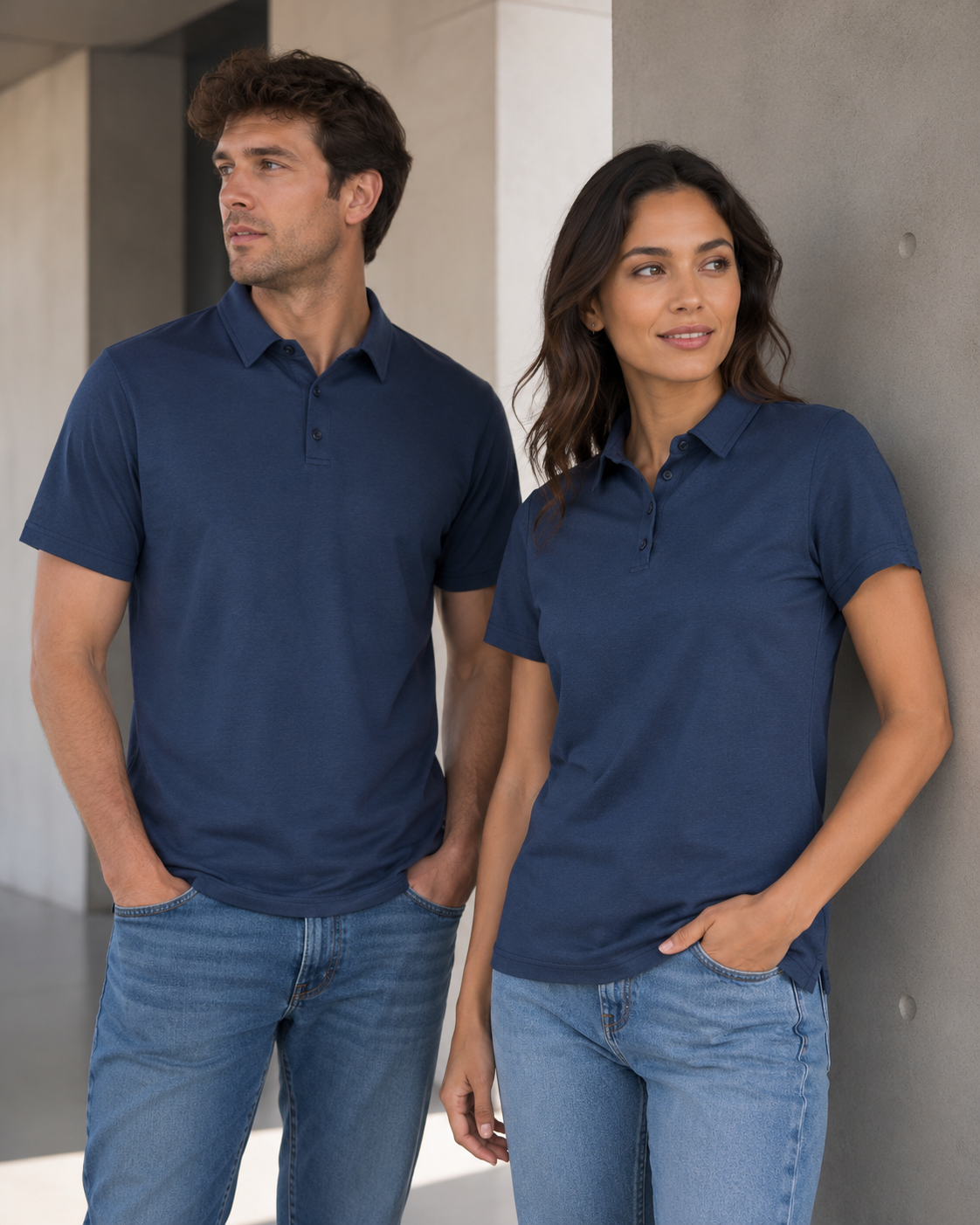 A man and a woman wearing matching navy blue short-sleeve polo shirts and light blue jeans, standing in a modern indoor setting with concrete walls.