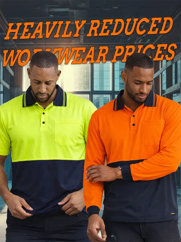 Two men wearing high visibility workwear in Australia promoting discounted uniforms and reduced price workwear sale