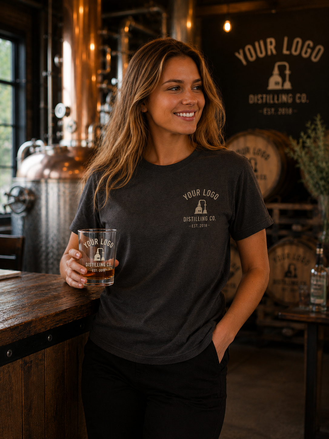 A woman stands in a rustic distilling brewery setting, wearing a dark charcoal gray t-shirt with a custom white graphic that reads 'YOUR LOGO DISTILLING CO. EST.