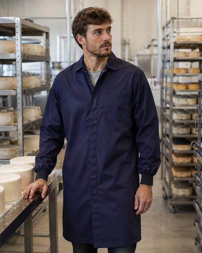 A man wearing a dark navy blue long-sleeve work coat or lab coat standing in a cheese factory with shelves of cheese wheels in the background.