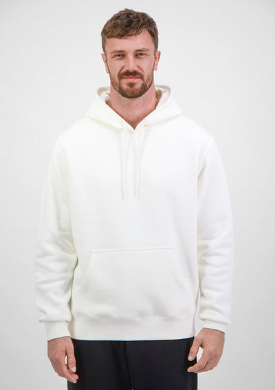 Man wearing a white hoodie against a plain background