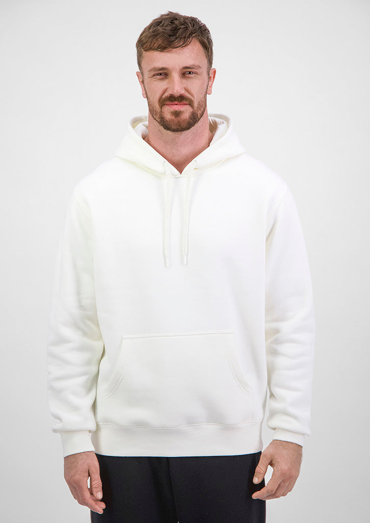 Man wearing a white hoodie against a plain background