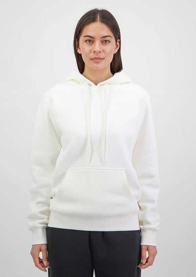 Person wearing a white hoodie on a plain background
