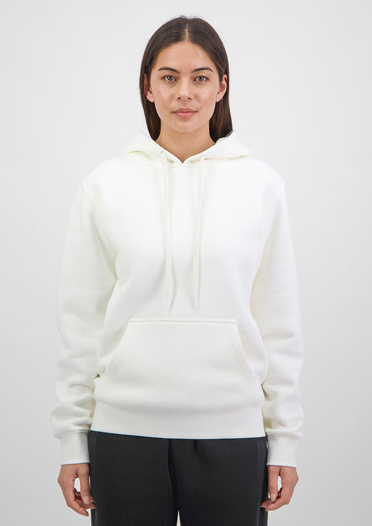 Person wearing a white hoodie on a plain background
