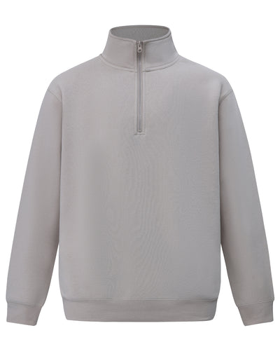 A soft light gray half zip fleece jumper with ribbed collar and cuffs perfect for workwear and uniforms