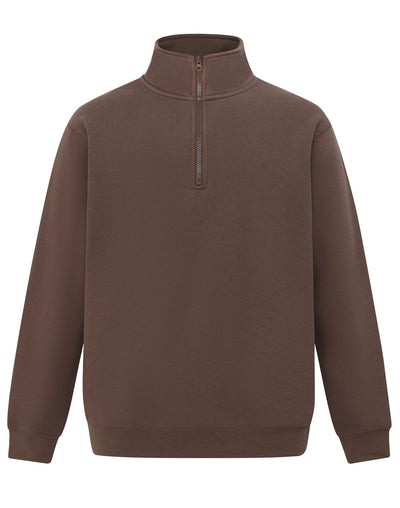 Cozy brown half zip fleece jumper with soft textured fabric and ribbed cuffs perfect for workwear and uniforms
