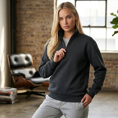 Dark gray half zip fleece jumper with ribbed cuffs and hem perfect for workwear and uniforms