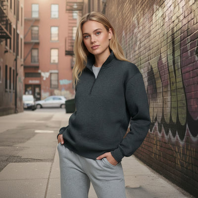 Dark gray half zip fleece jumper made of soft material perfect for casual workwear and comfortable work uniforms