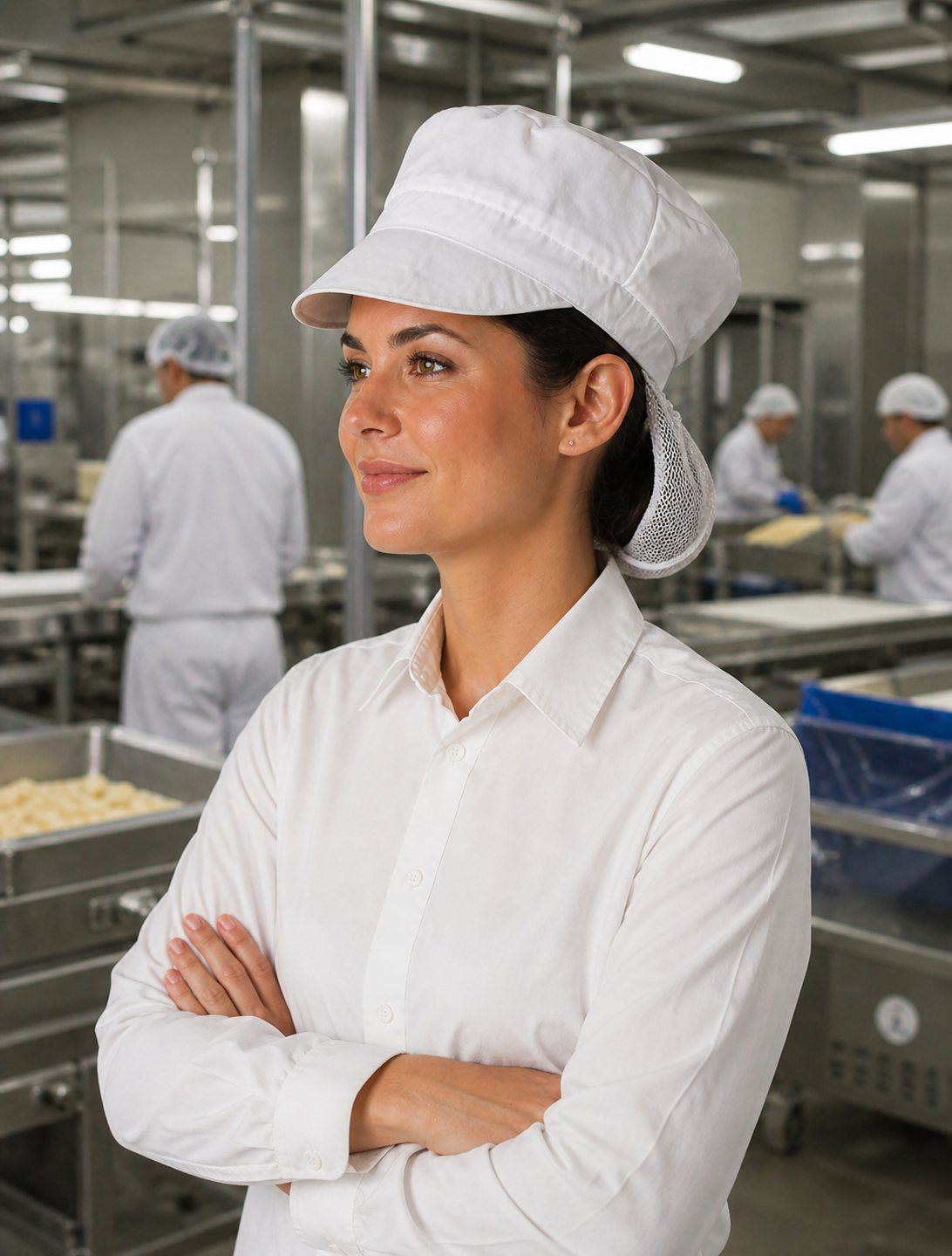 White food industry peak cap with structured crown mesh back made of durable fabric for workwear uniforms