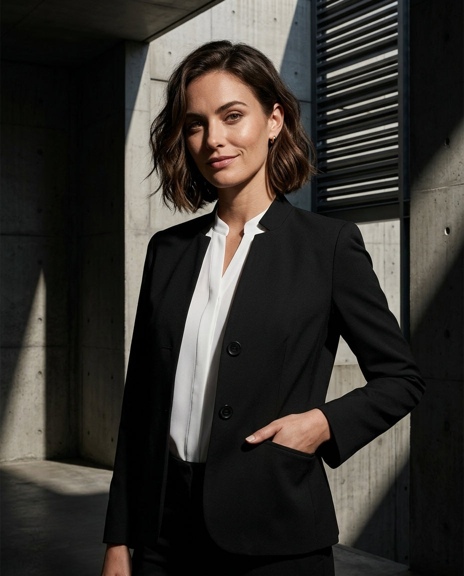 A woman wearing a black blazer over a white collared blouse, standing in a modern concrete architectural setting with dramatic sunlight and shadows.