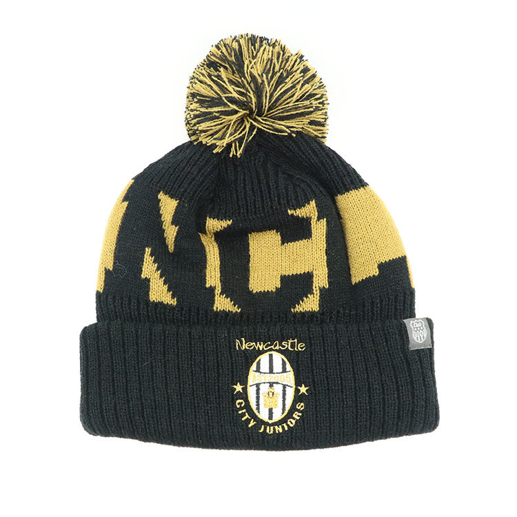 Black and gold knitted pompom beanie with newcastle city juniors logo perfect for uniforms and workwear sets