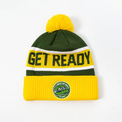 Green and yellow knitted pompom beanie with get ready text perfect for uniforms and workwear essentials