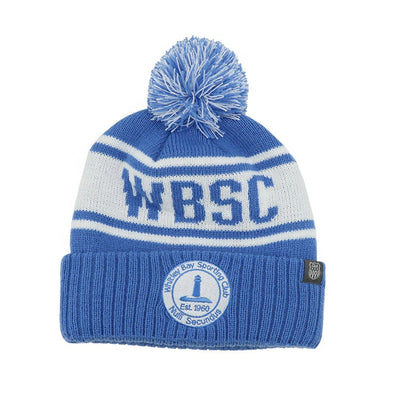 Blue and white knitted pompom beanie with wbsc lettering perfect for work uniforms and casual workwear
