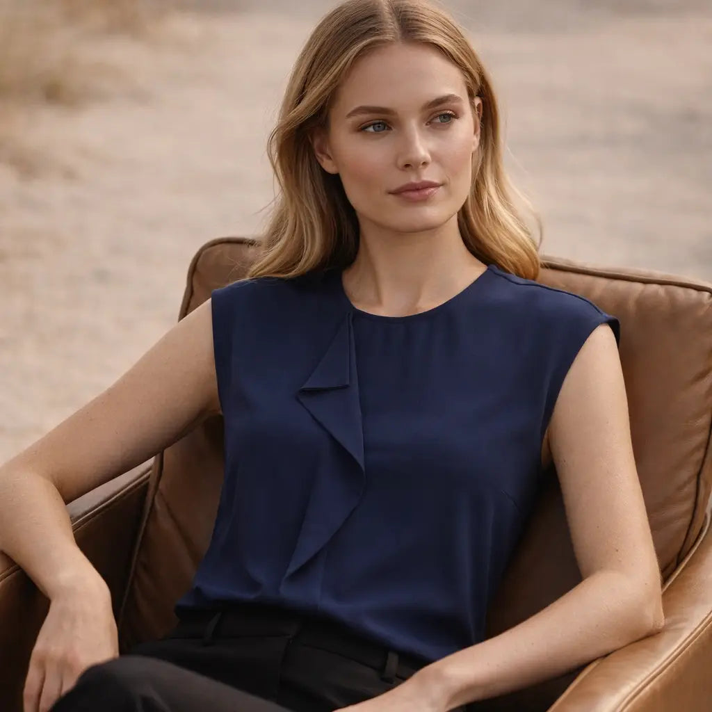 Woman wearing blue sleeveless top in Australia for healthcare uniforms and professional workwear while seated indoors