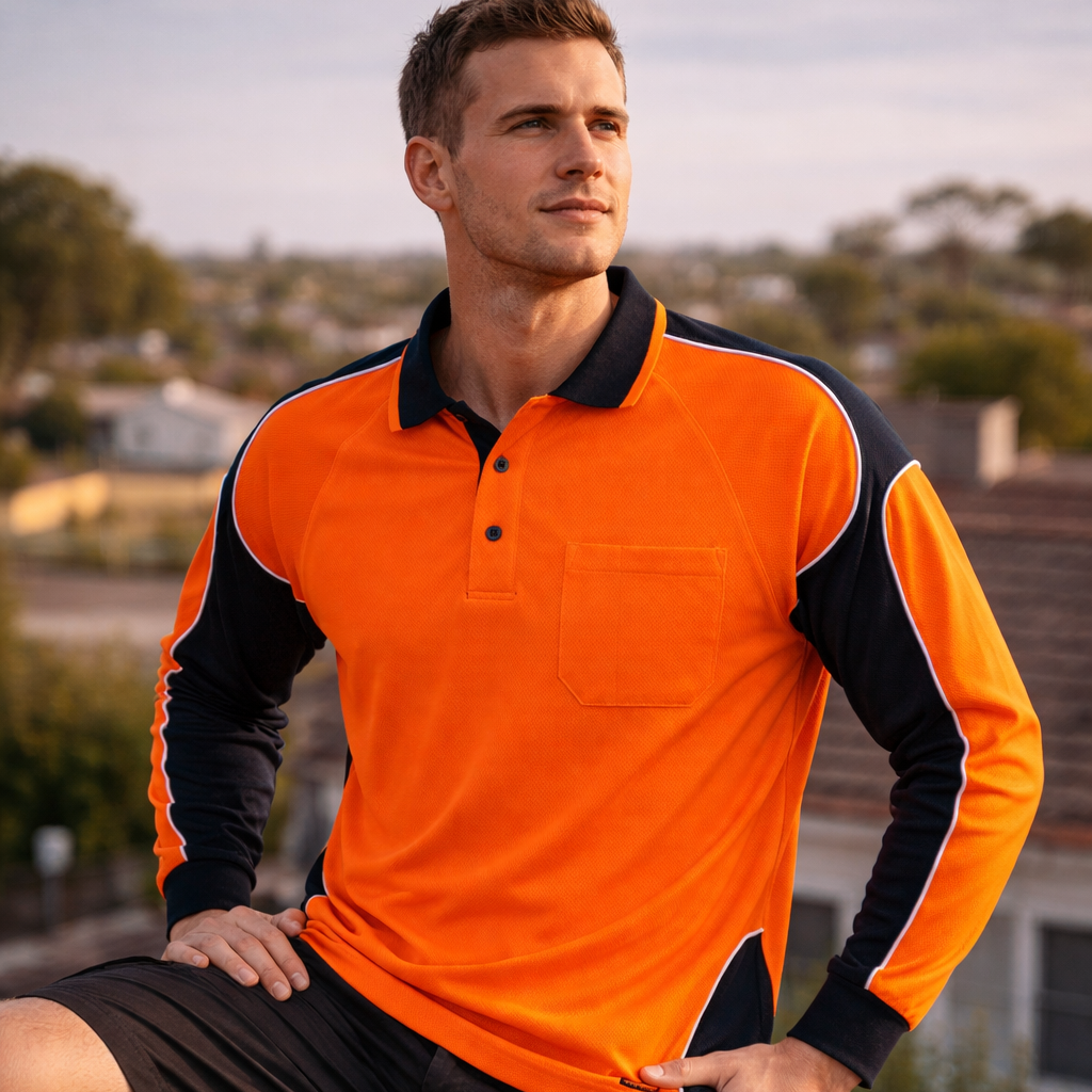 Bright orange hi vis arm panel long-sleeved polo shirt with black panels and chest pocket perfect for work uniforms