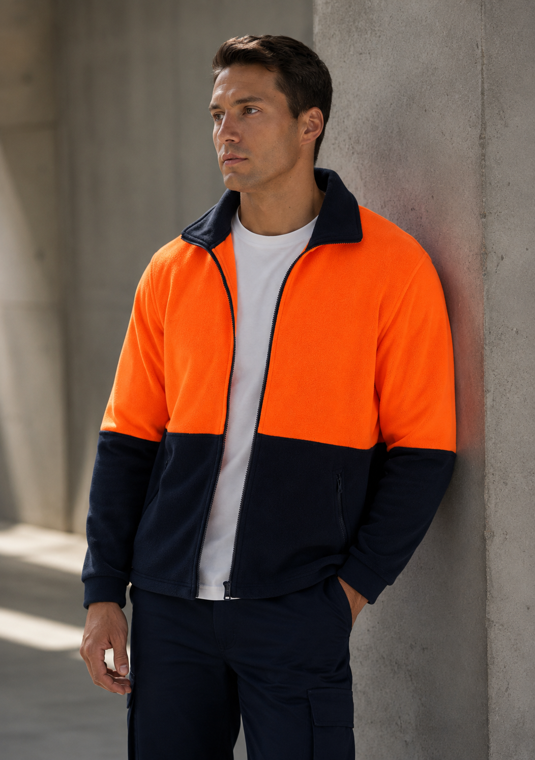 A man wearing a two-tone high-visibility work jacket in bright orange and navy blue, layered over a white t-shirt and navy pants, leaning against a concrete pillar.