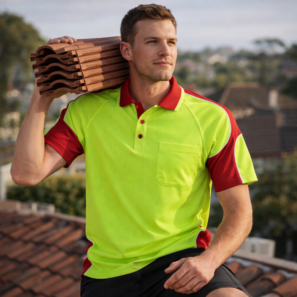 Hi vis arm panel ss polo with bright neon green and red colors and chest pocket ideal for workwear uniforms