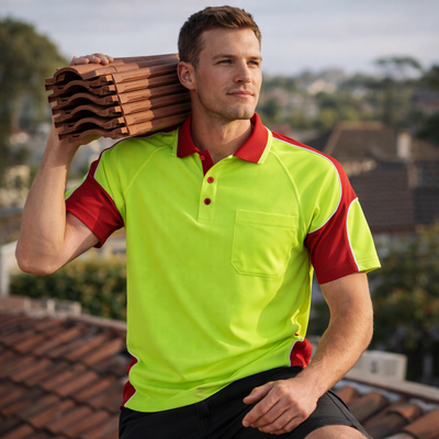 Hi vis arm panel ss polo with bright neon green and red colors and chest pocket ideal for workwear uniforms