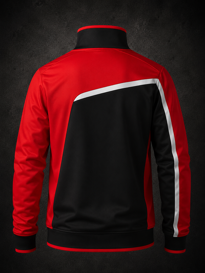Red and black jacket with white stripe on a dark background