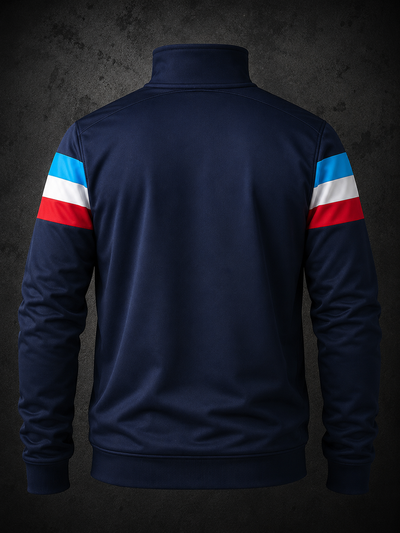 Navy blue jacket with red, white, and blue stripes on sleeves against a dark background