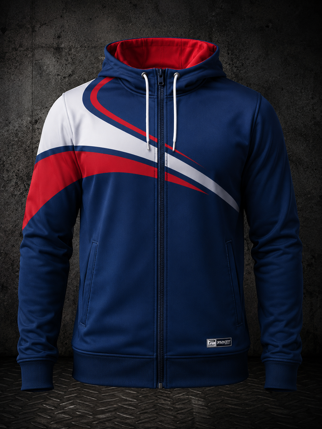 Blue hoodie with red and white accents on a textured dark background