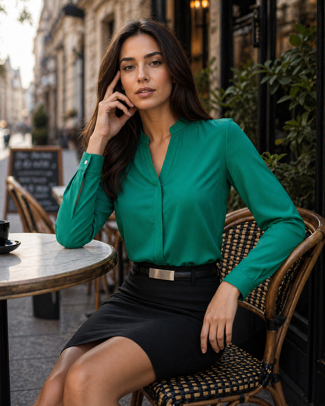 Emerald green satin juliette ls blouse with long sleeves and classic collar perfect for stylish work uniforms and workwear