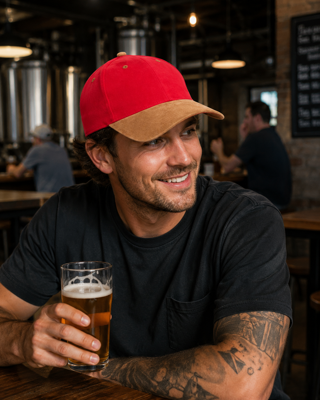 A smiling man in a bar wearing a red baseball cap with a tan brim, a black t-shirt, and holding a glass of beer.