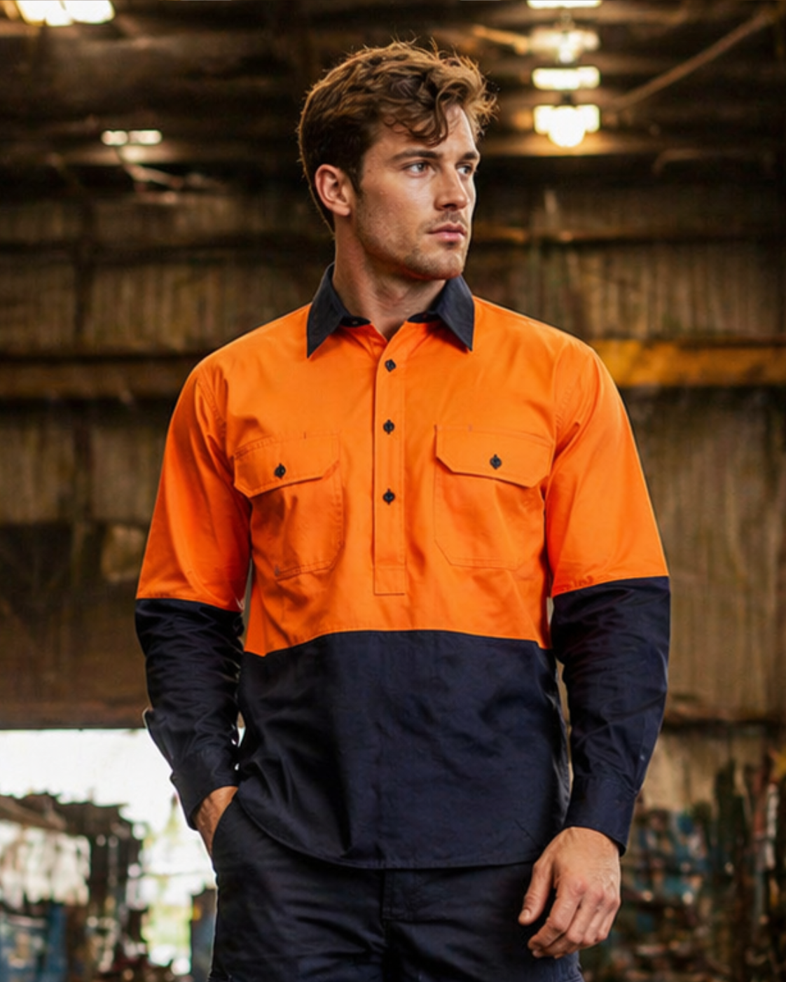 Lightweight hivis half placket drill shirt in bright orange navy blue with chest pockets perfect for workwear uniforms