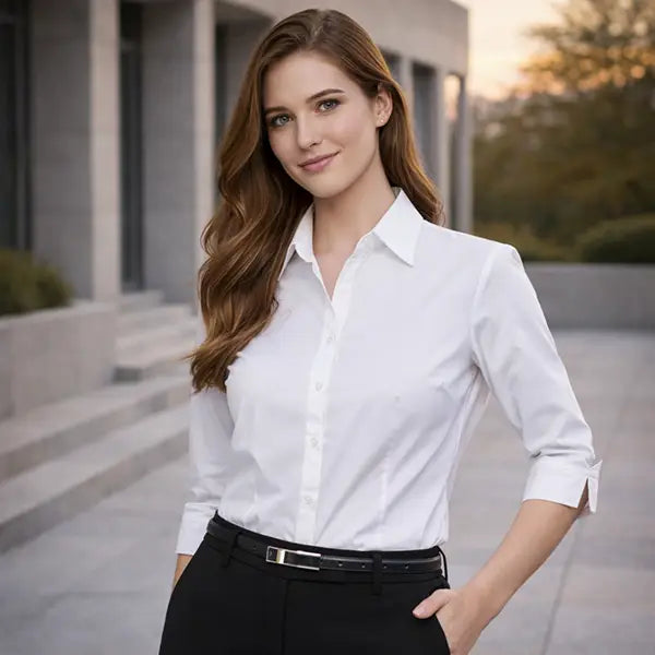 Woman wearing white business shirt and black pants in Australia for corporate uniforms and professional office workwear outdoors