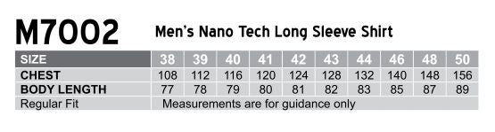 W.S. Nano Tech LS Shirt size chart