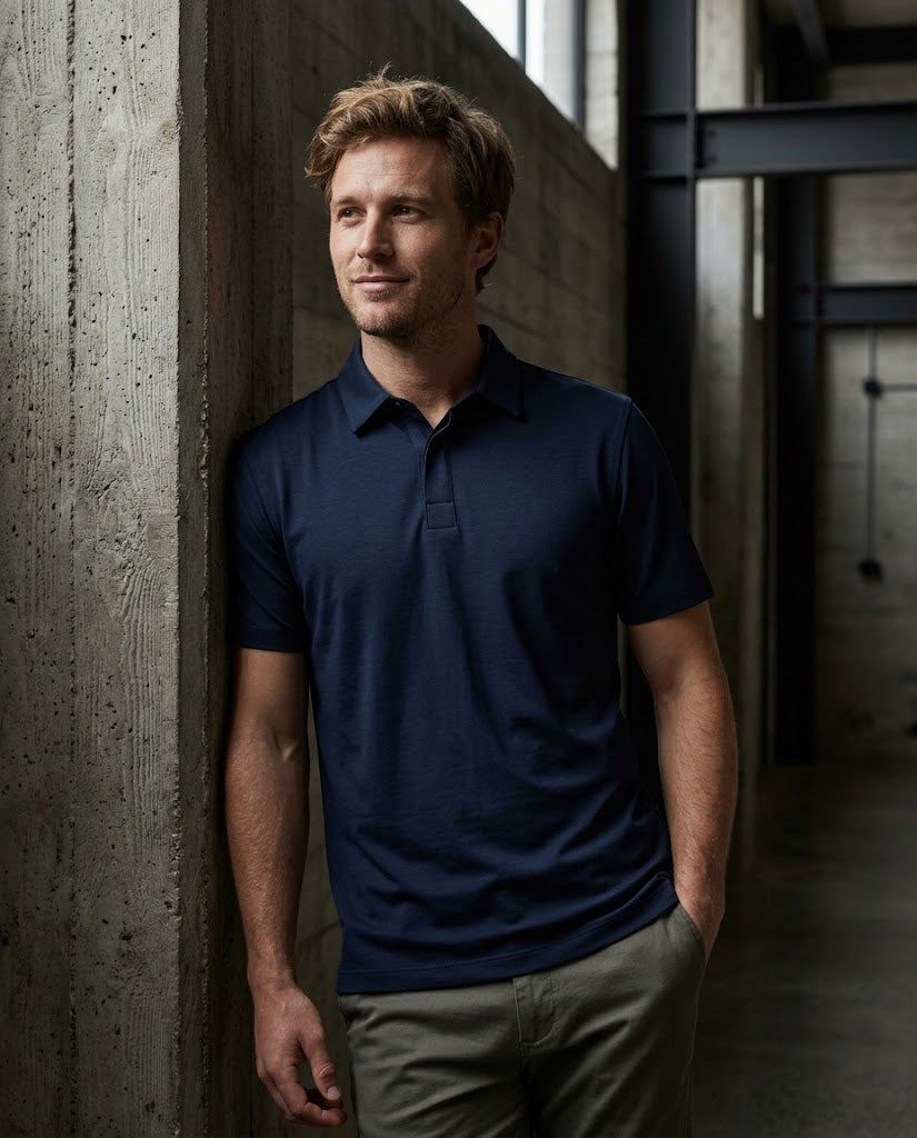 A man wearing a dark navy blue short-sleeve polo shirt and khaki pants, leaning against a textured concrete pillar in an industrial-style interior.