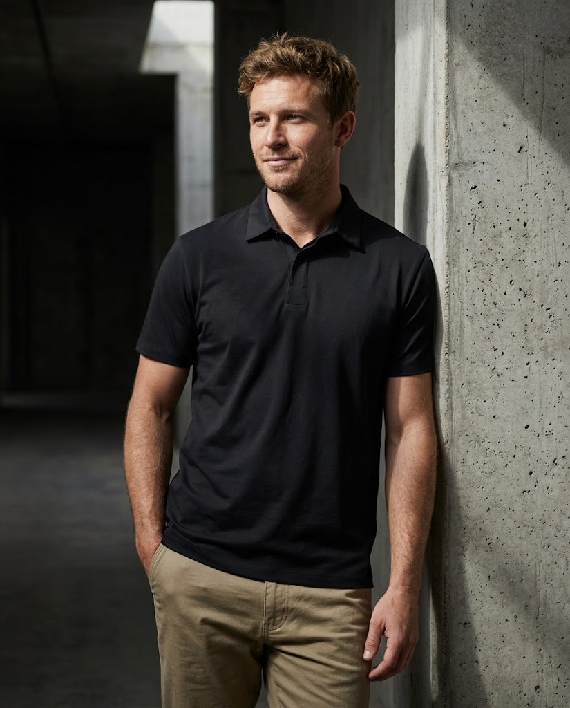 A man wearing a black short-sleeve polo shirt and khaki pants, standing against a textured concrete wall in a modern industrial setting.