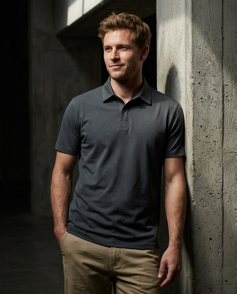 A man wearing a dark charcoal gray short-sleeve polo shirt and khaki pants, leaning against a textured concrete wall in a dimly lit industrial setting.