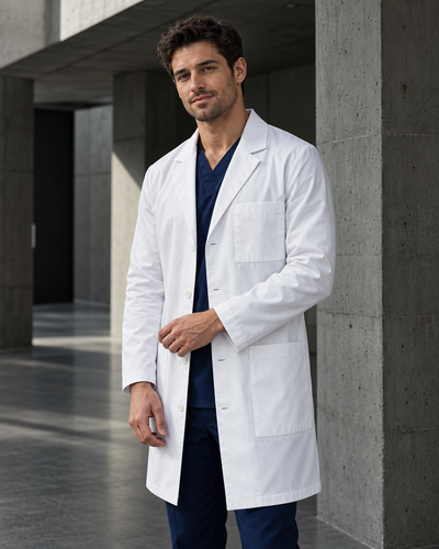 A man wearing a white long medical lab coat over navy blue scrubs, standing in a modern concrete corridor.