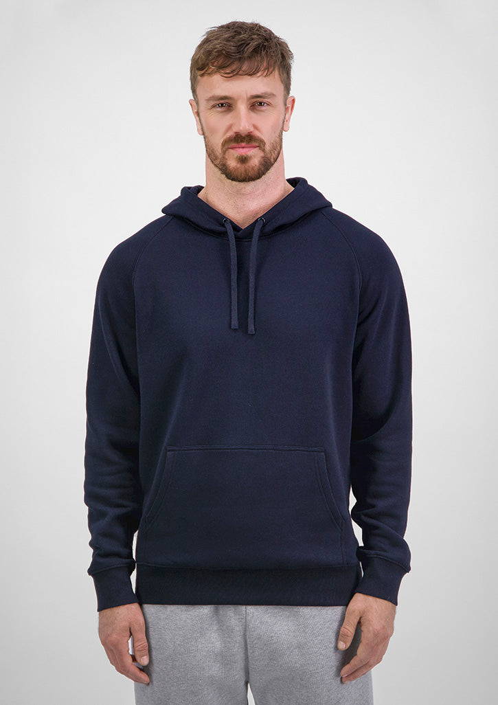 Man wearing a navy blue hoodie against a white background