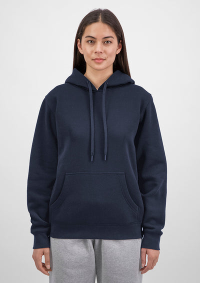 Person wearing a navy blue hoodie on a white background