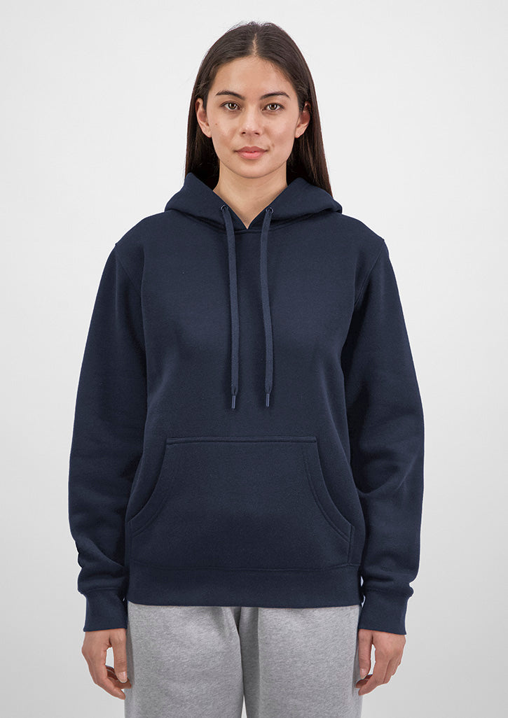 Person wearing a navy blue hoodie on a white background