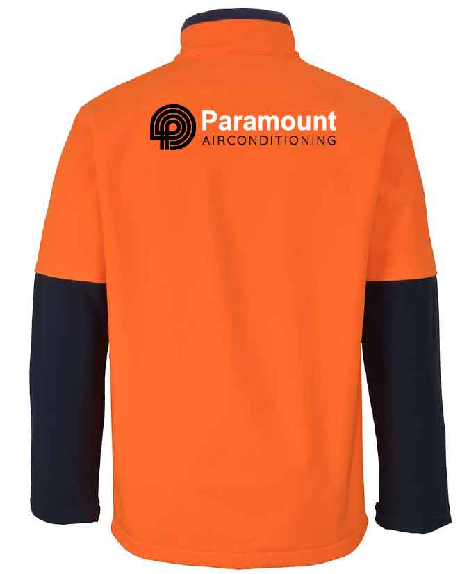 An orange and navy blue long-sleeve quarter-zip pullover jacket shown from the back, featuring a white and black 'Paramount Airconditioning' logo printed on the upper back.
