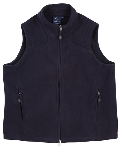 Navy blue fleece vest with front zipper and side pockets perfect for workwear and uniforms in cold weather