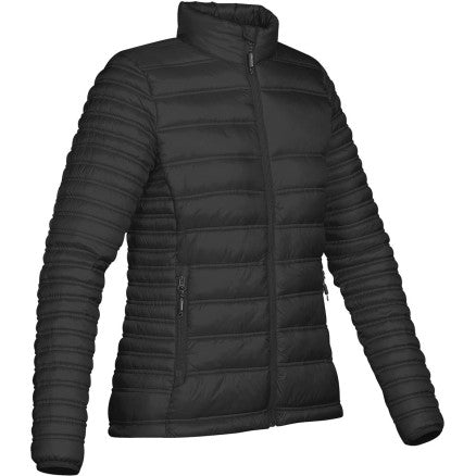Black quilted puffer ladies basecamp thermal jacket with high collar and zippered pockets perfect for work uniforms