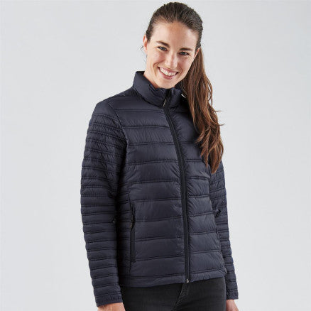 Navy blue quilted puffer ladies basecamp thermal jacket with high collar and front zipper ideal for work uniforms