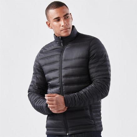 Black quilted puffer basecamp thermal jacket with high collar and zipper perfect for workwear and uniforms